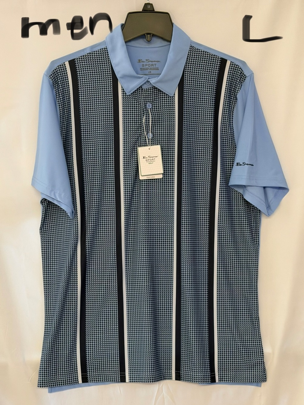 Ben Sherman Light Blue Polo with Navy & White Vertical Stripe Paneling